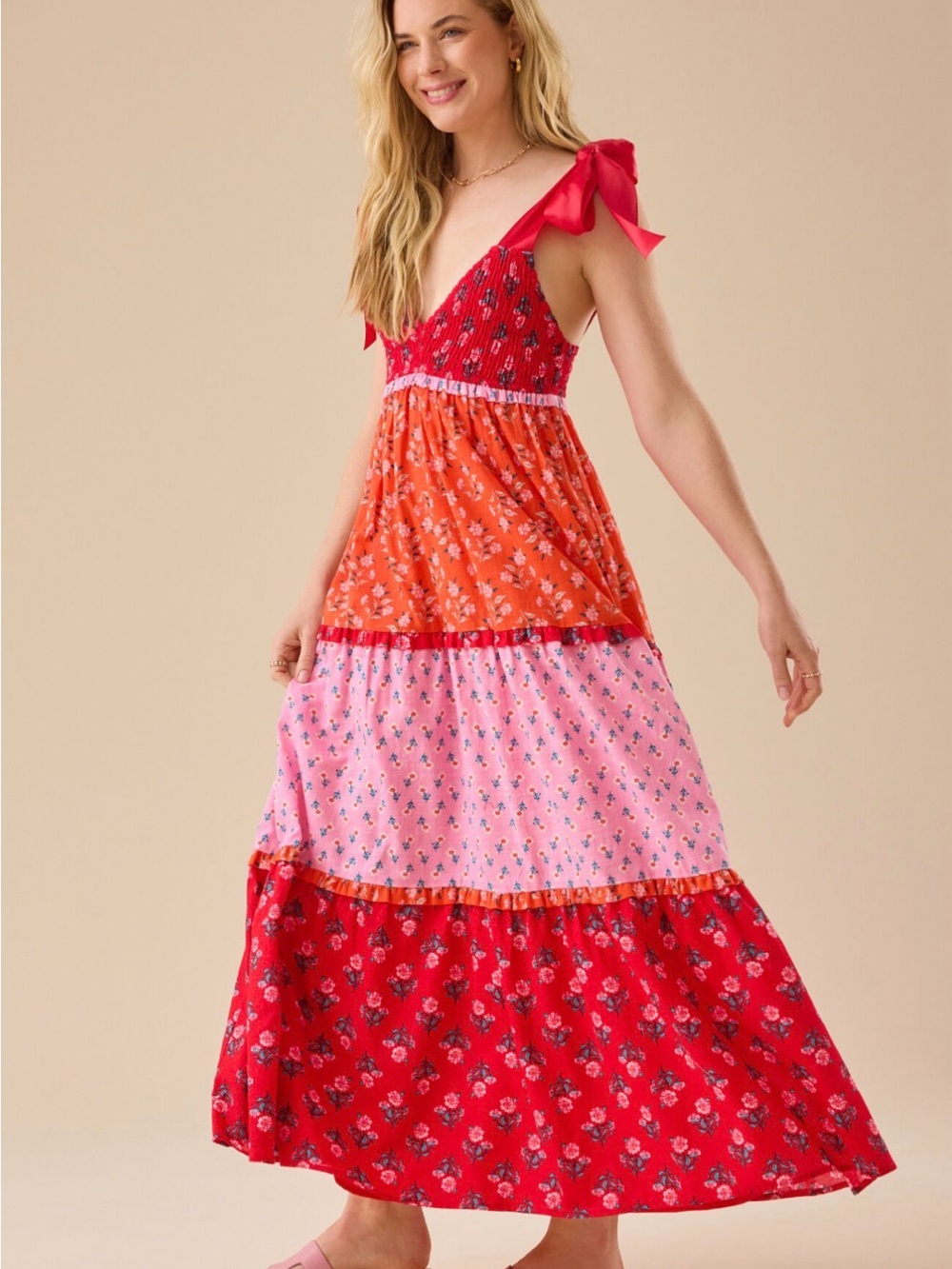 Altar’d State Kourtney Floral Tiered Maxi Dress Red Pink Bow Strap Small NWOT